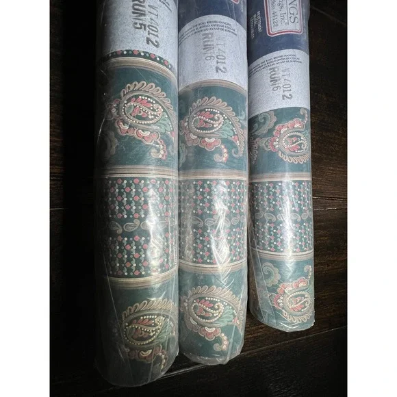 3 Rolls VTG 90s C&A Wallcoverings VT4012 Teal Paisley Floral Wallpaper Bolts NOS - Picture 2 of 7